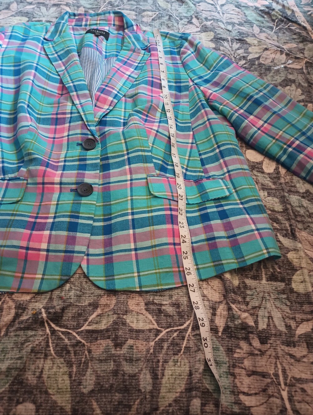 Talbots Womens Madras Plaid Linen Blazer 16W 3/4 Sleeve Preppy Colorful Summer - Picture 8 of 9
